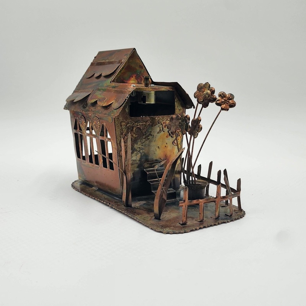 Vintage Brutalist Copper Music Box House Torch Cut Metal Art Cottage Garden